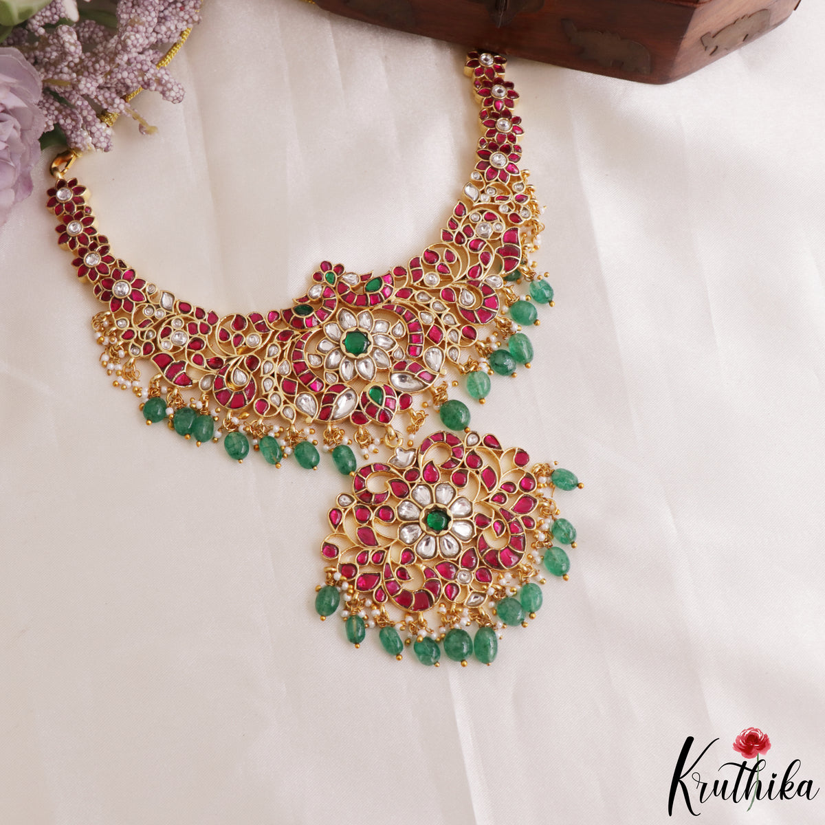 Stunning Floral Peacock Motifs Jadau Necklace With Green Bead Drops NC3284
