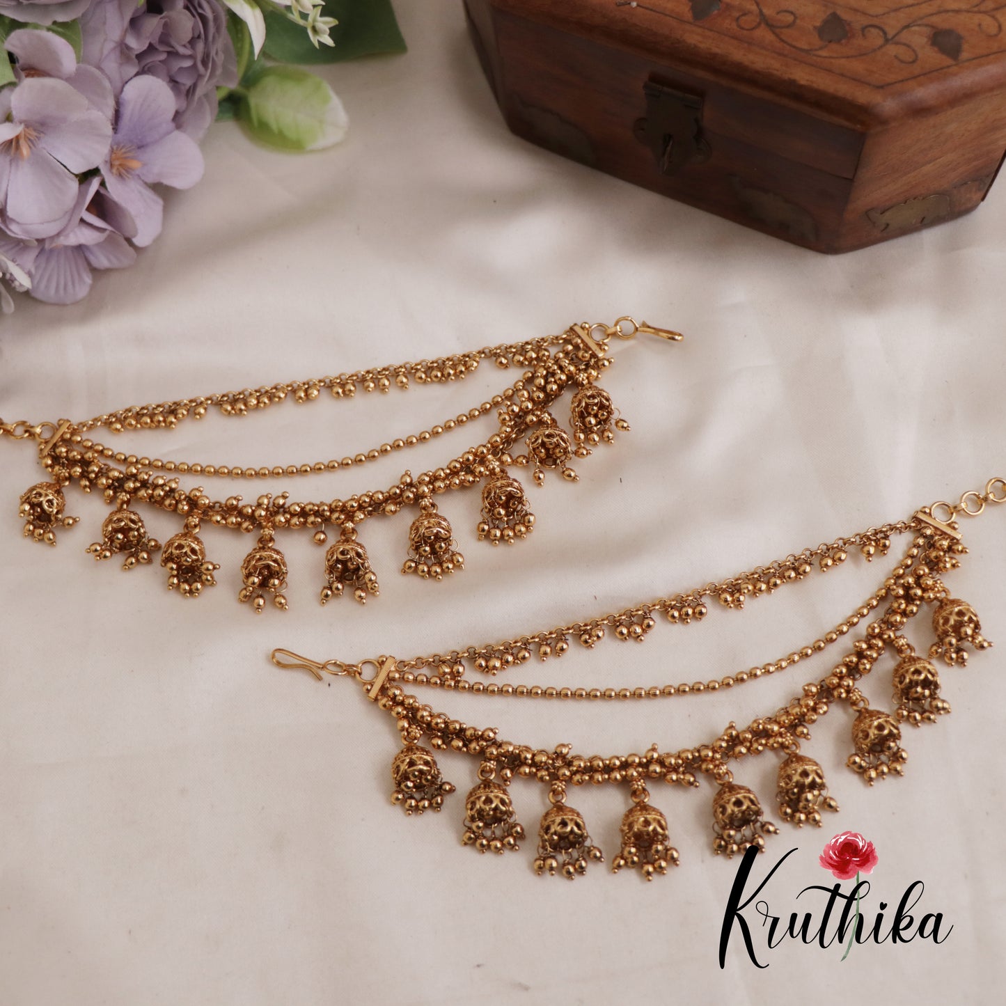 Beautiful Triple Layered Earchains With Jhumkas And Golden Beads EC157
