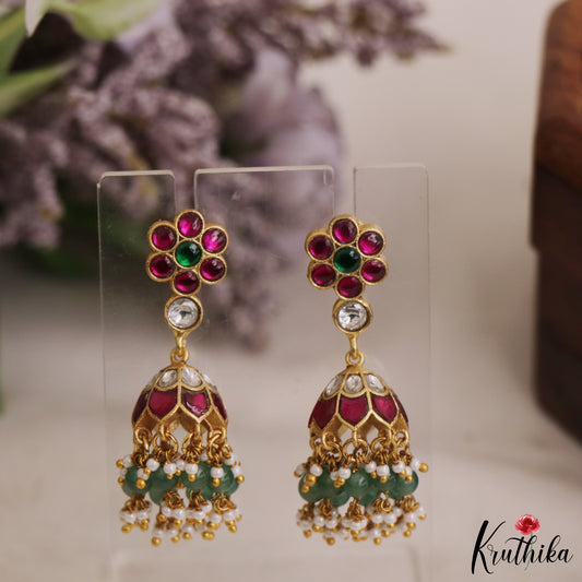 Trendy Floral Motifs Jadau Jhumkas With Green Bead Drops E1082