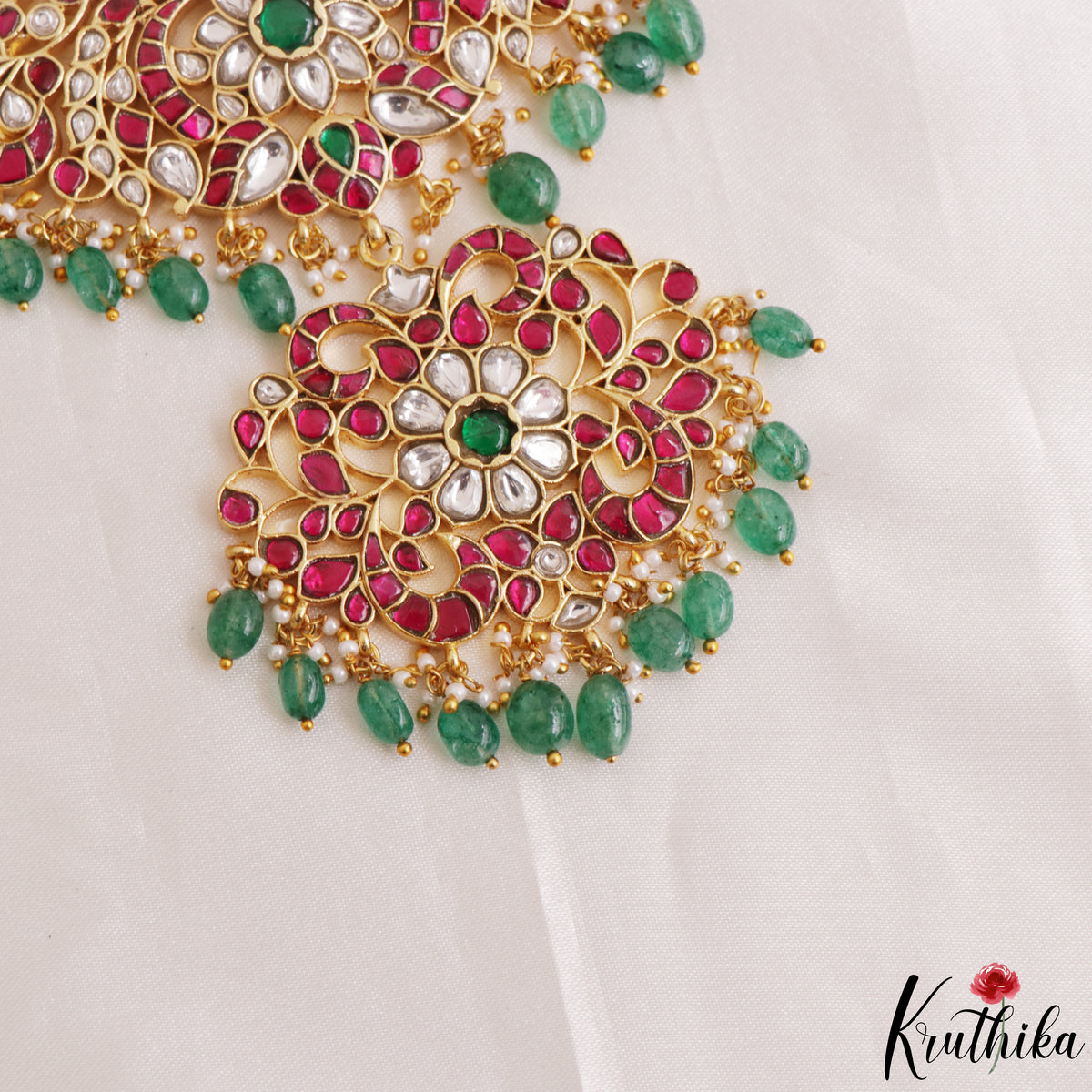 Stunning Floral Peacock Motifs Jadau Necklace With Green Bead Drops NC3284