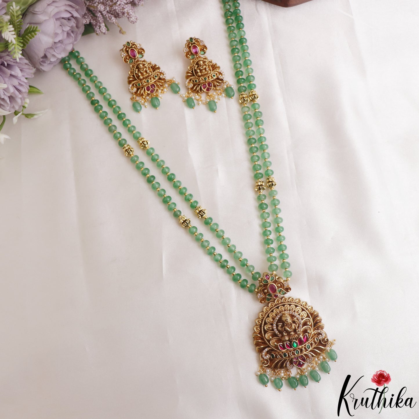 Beautiful Antique Lakshmi Motifs Double Layered Green Beads Haaram LH2157