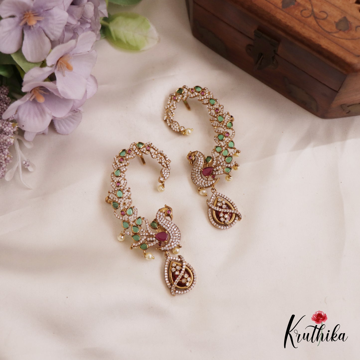 Sparkling AD Peacock Motifs Kemp Ear Cuff With Pearl Drops E976 (Available In 2 Colors)