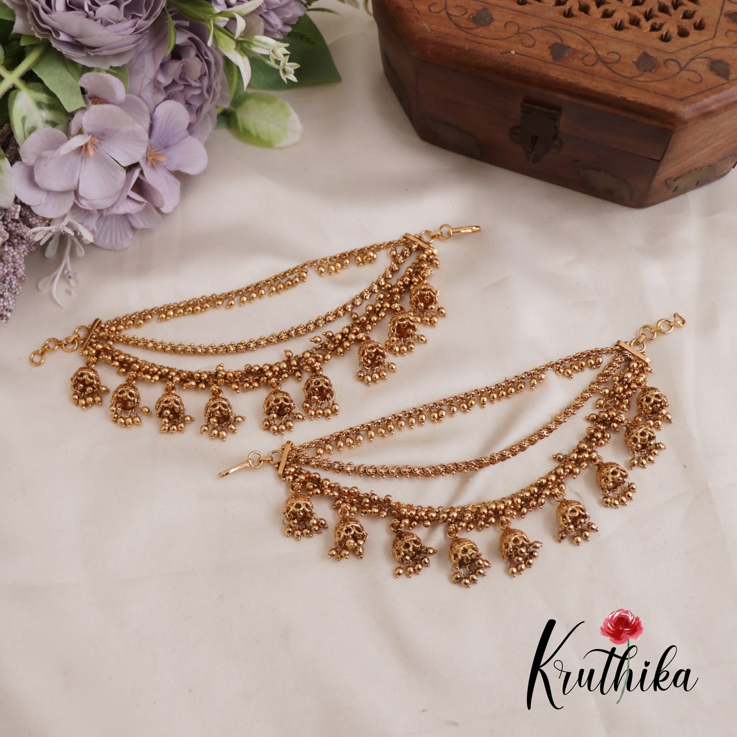 Gorgeous Triple Strand Earchains With Jhumka drops And Golden Beads EC162