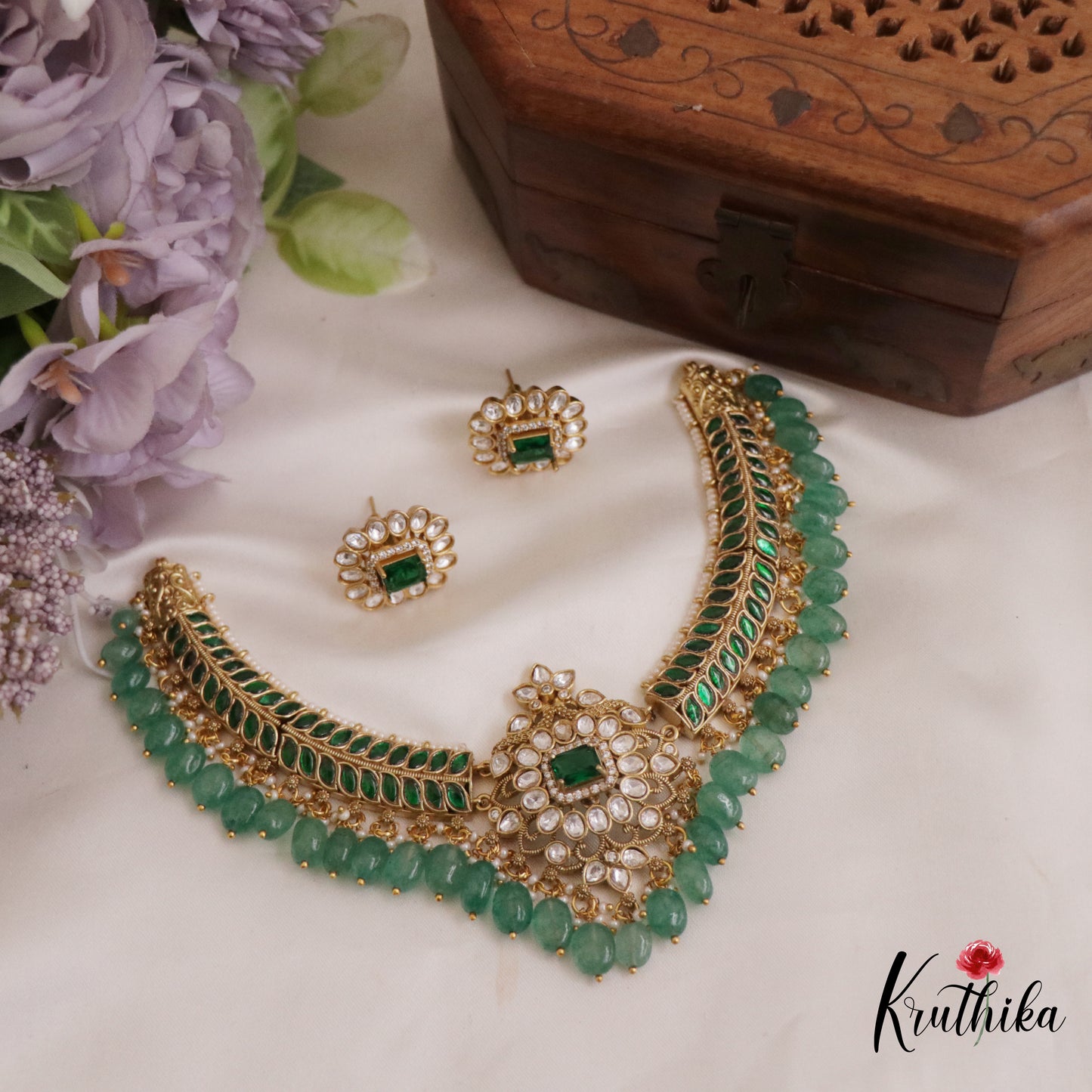 Gorgeous Floral Leaf Motifs Jadau Choker With Green Bead Drops NC2689 (Available In 2 Colors)