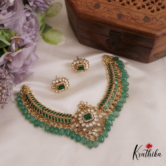 Gorgeous Floral Leaf Motifs Jadau Choker With Green Bead Drops NC2689 (Available In 2 Colors)