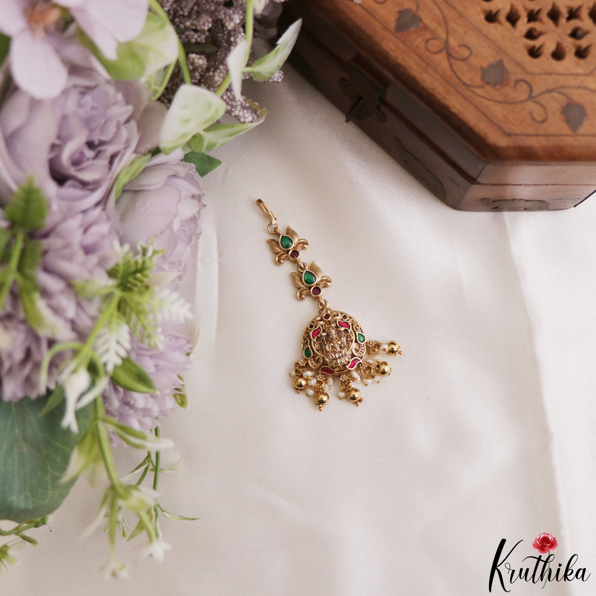 Elegant Antique Lakshmi Motifs Jadau Maang Tikka With Bead Drops MT399 (Available In 4 Colors)