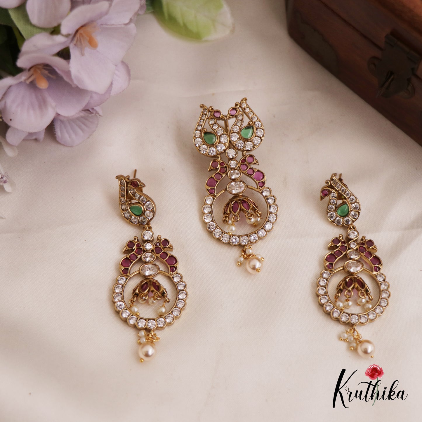 Gorgeous AD Peacock Motifs Kemp Pendant Set With Pearl Drops PS276