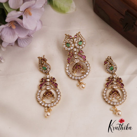 Gorgeous AD Peacock Motifs Kemp Pendant Set With Pearl Drops PS276