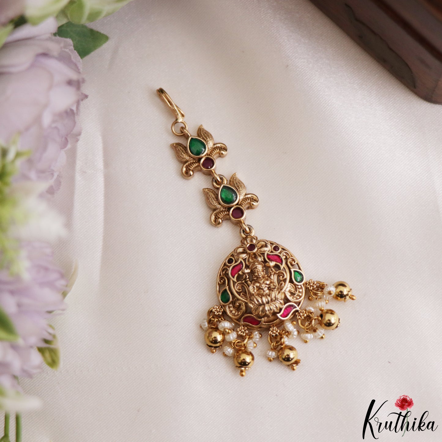 Elegant Antique Lakshmi Motifs Jadau Maang Tikka With Bead Drops MT399 (Available In 4 Colors)