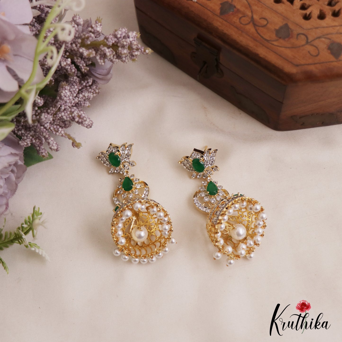 Sparkling Lotus Motifs AD Victorian Jhumkas WIth Pearl Drops  E1117