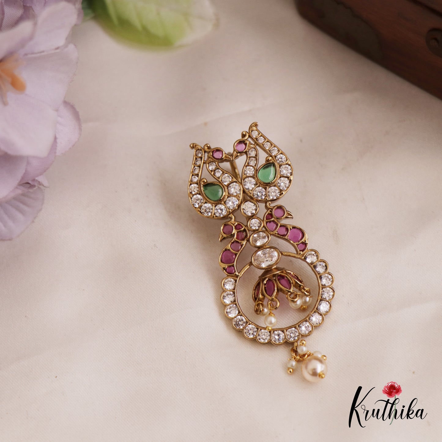 Gorgeous AD Peacock Motifs Kemp Pendant Set With Pearl Drops PS276