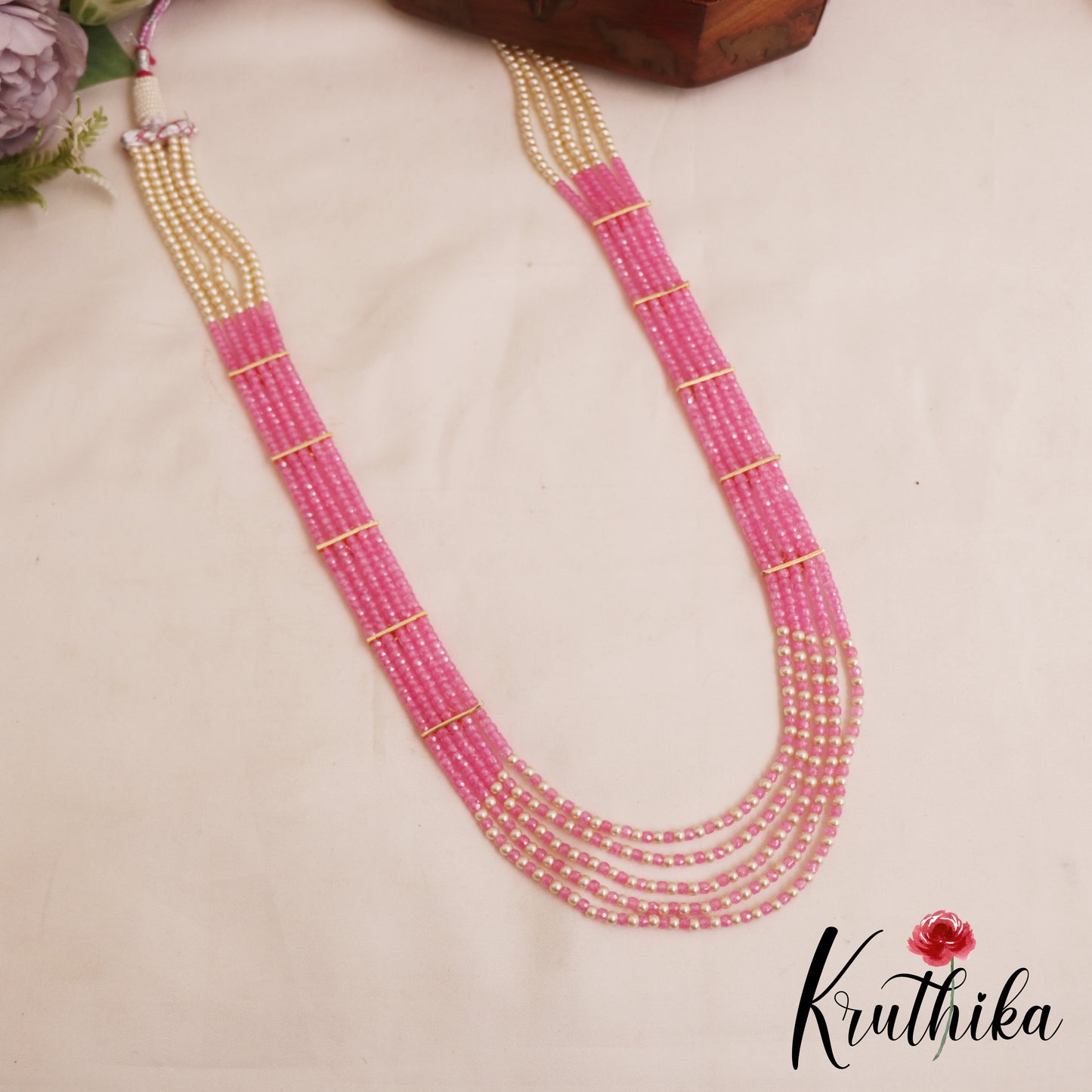 Sparkling Multi Layered crystal & Pearl statement Haaram with floral accents LH2081