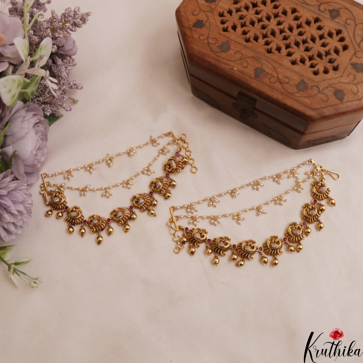Beautiful Three Layer Peacock with Golden Beads Drops Earchains EC95 (Available In 2 Colors)