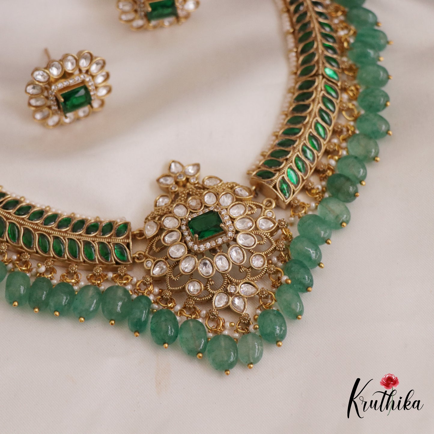 Gorgeous Floral Leaf Motifs Jadau Choker With Green Bead Drops NC2689 (Available In 2 Colors)