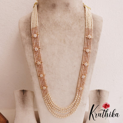 Sparkling Multi Layered crystal & Pearl statement Haaram with floral accents LH2081 (Available In 16 Colors)