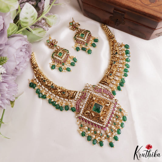 Premium Antique Peacock Motifs kemp Necklace With Green Bead Drops NC3248