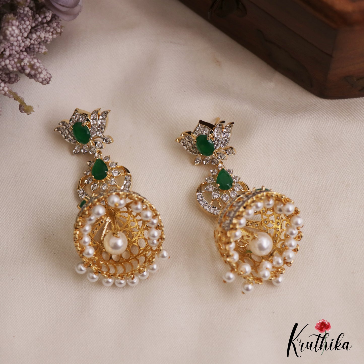 Sparkling Lotus Motifs AD Victorian Jhumkas WIth Pearl Drops  E1117