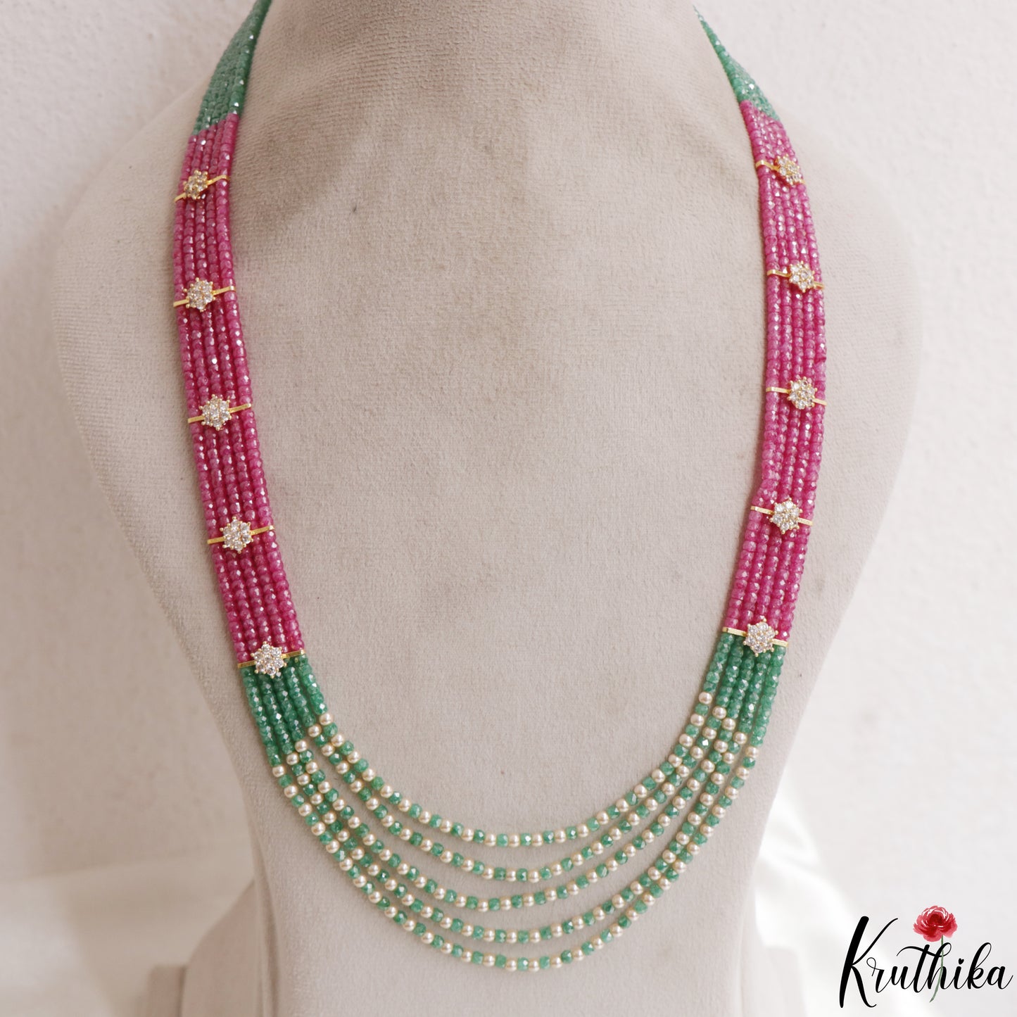 Sparkling Multi Layered crystal & Pearl statement Haaram with floral accents LH2081 (Available In 16 Colors)