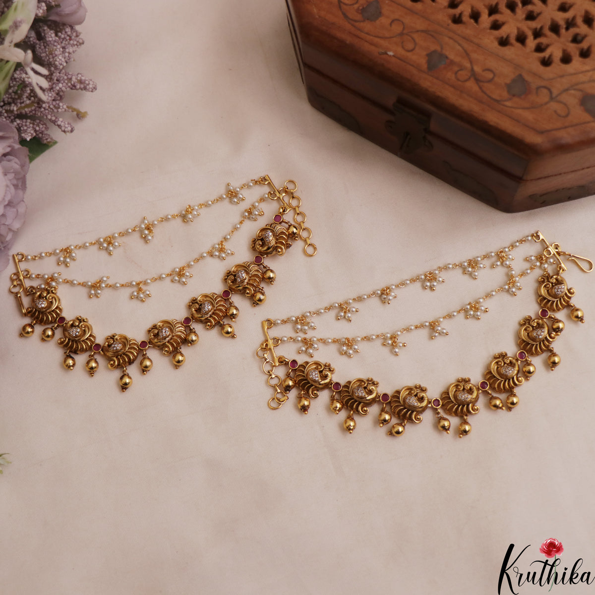 Beautiful Three Layer Peacock with Golden Beads Drops Earchains EC95 (Available In 2 Colors)