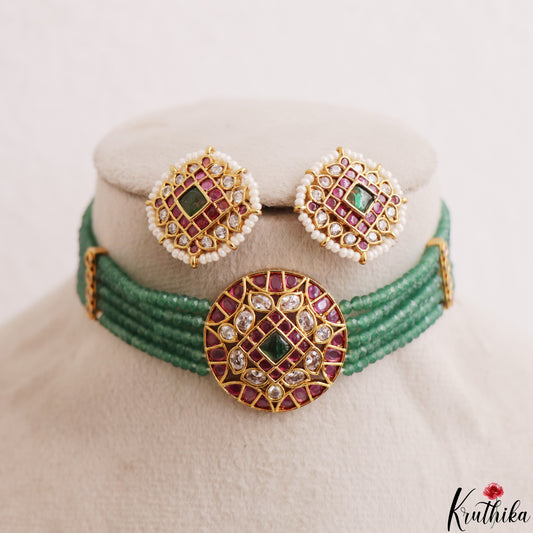 Premium Multi Strand Green Bead Jadau Choker NC3204