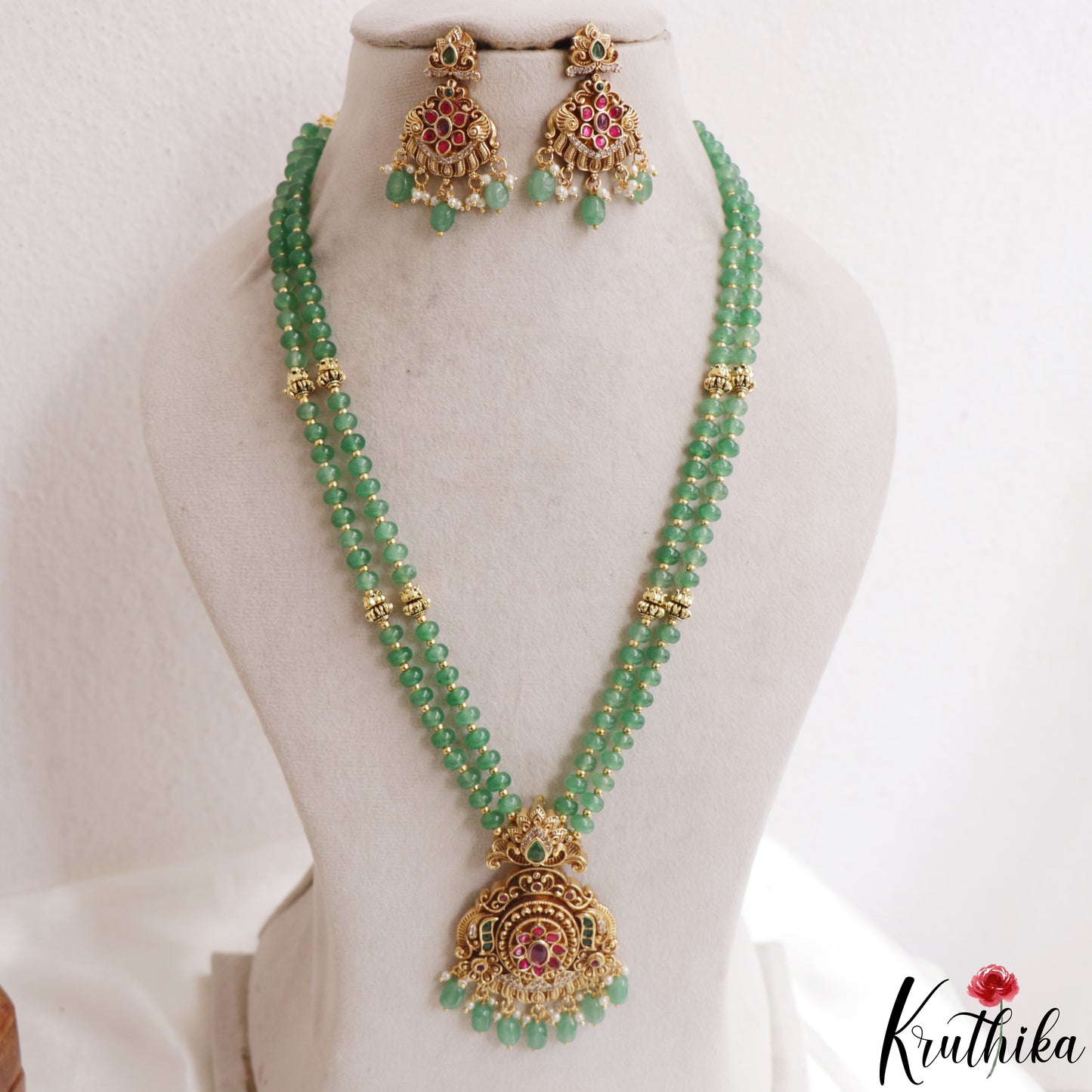Pretty Antique Floral Motifs Double Layered Green Beads Jadau Haaram LH2158