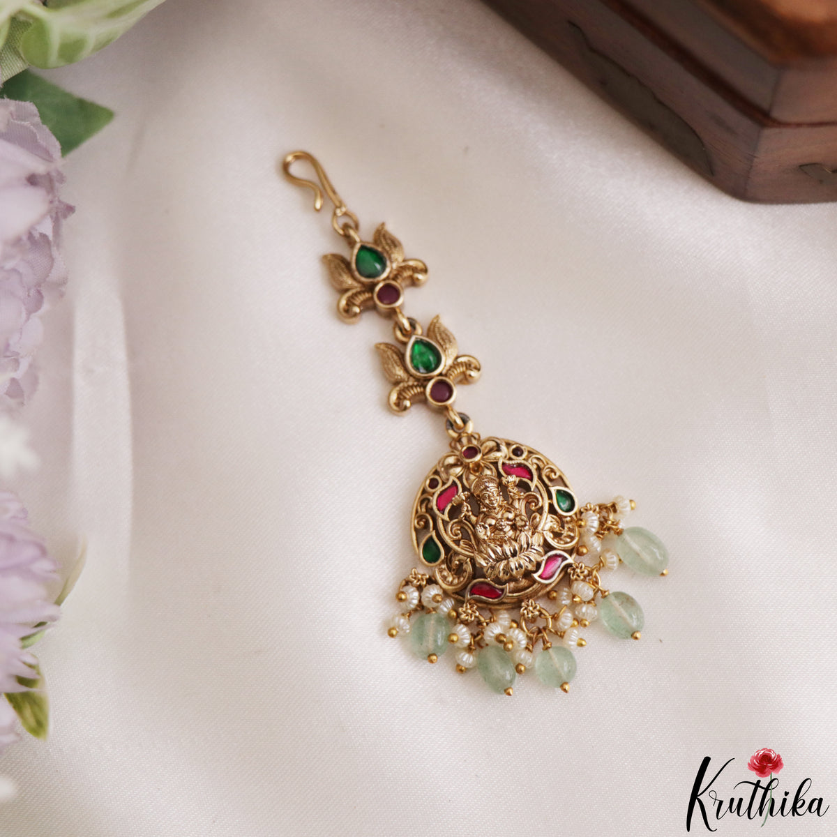 Elegant Antique Lakshmi Motifs Jadau Maang Tikka With Bead Drops MT399 (Available In 4 Colors)