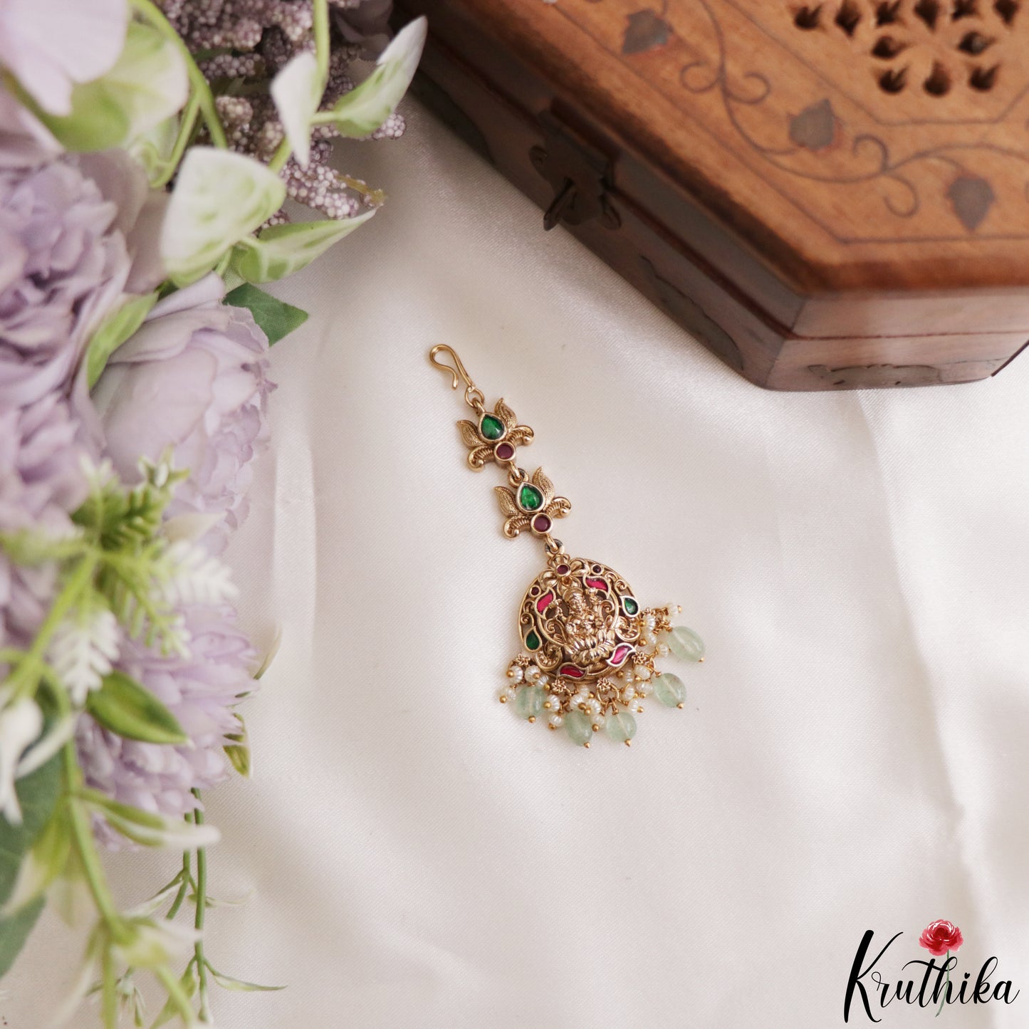 Elegant Antique Lakshmi Motifs Jadau Maang Tikka With Bead Drops MT399 (Available In 4 Colors)