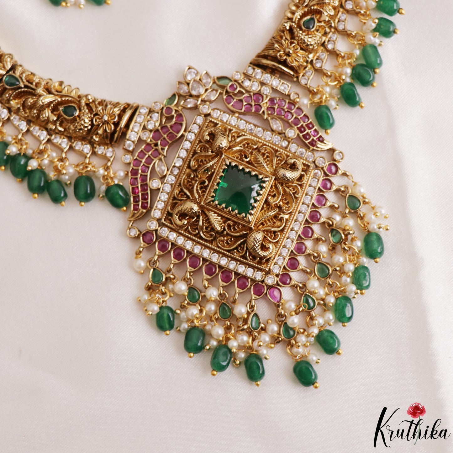 Premium Antique Peacock Motifs Jadau Necklace With Green Bead Drops NC3248