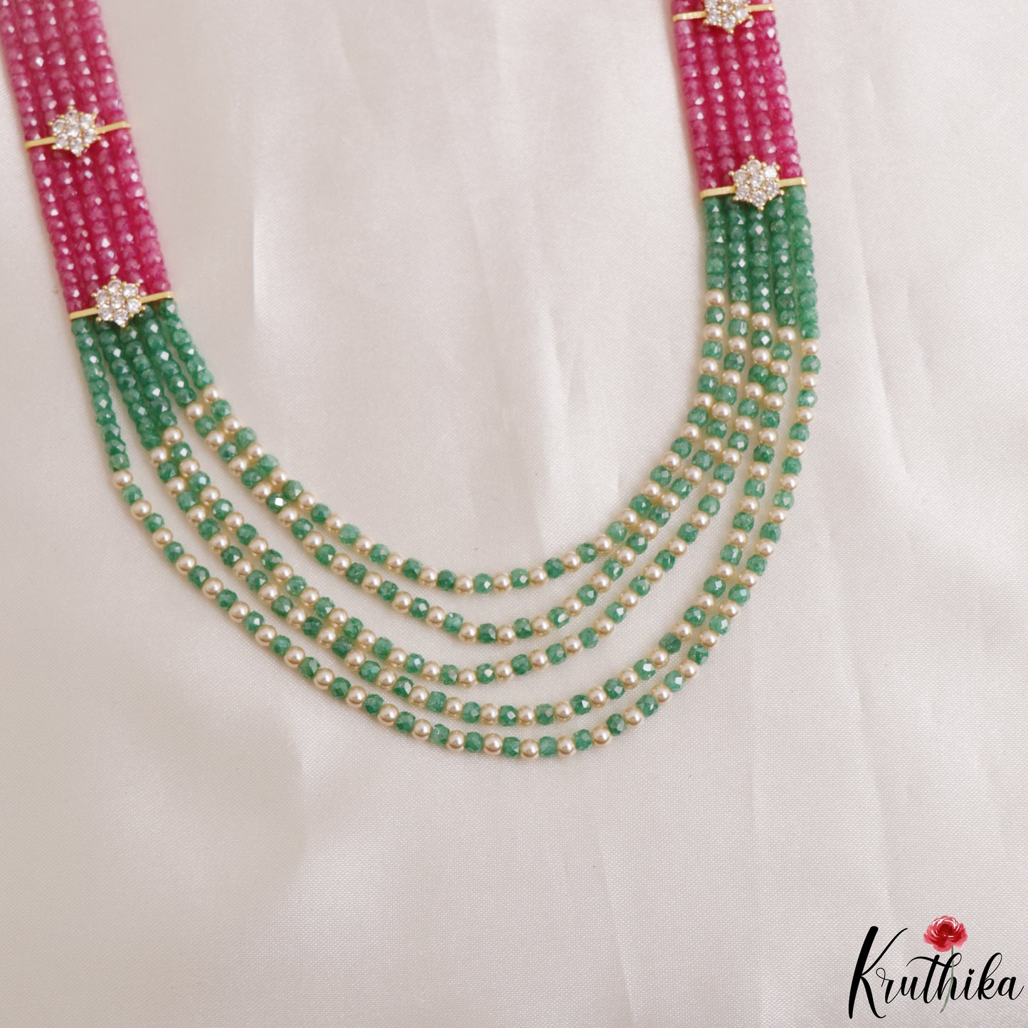 Sparkling Multi Layered crystal & Pearl statement Haaram with floral accents LH2081 (Available In 16 Colors)