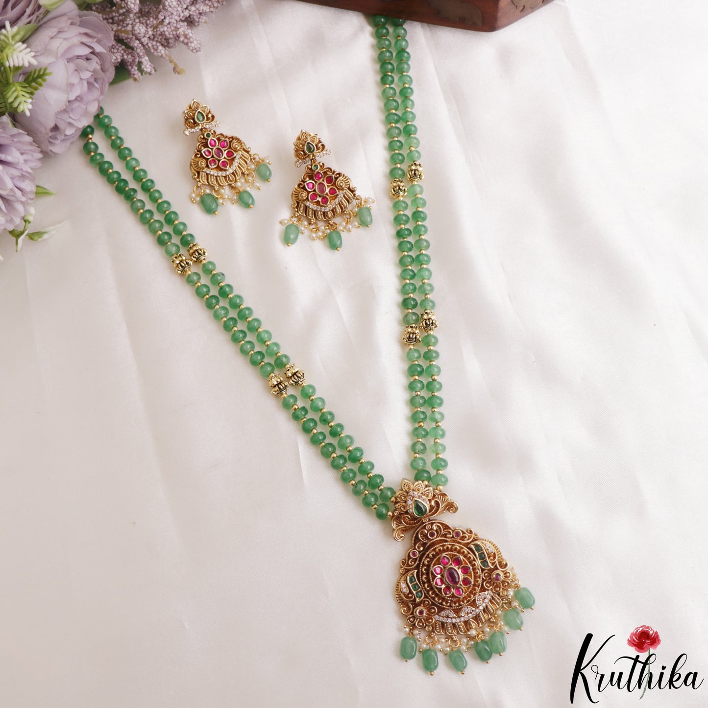 Pretty Antique Floral Motifs Double Layered Green Beads Jadau Haaram LH2158