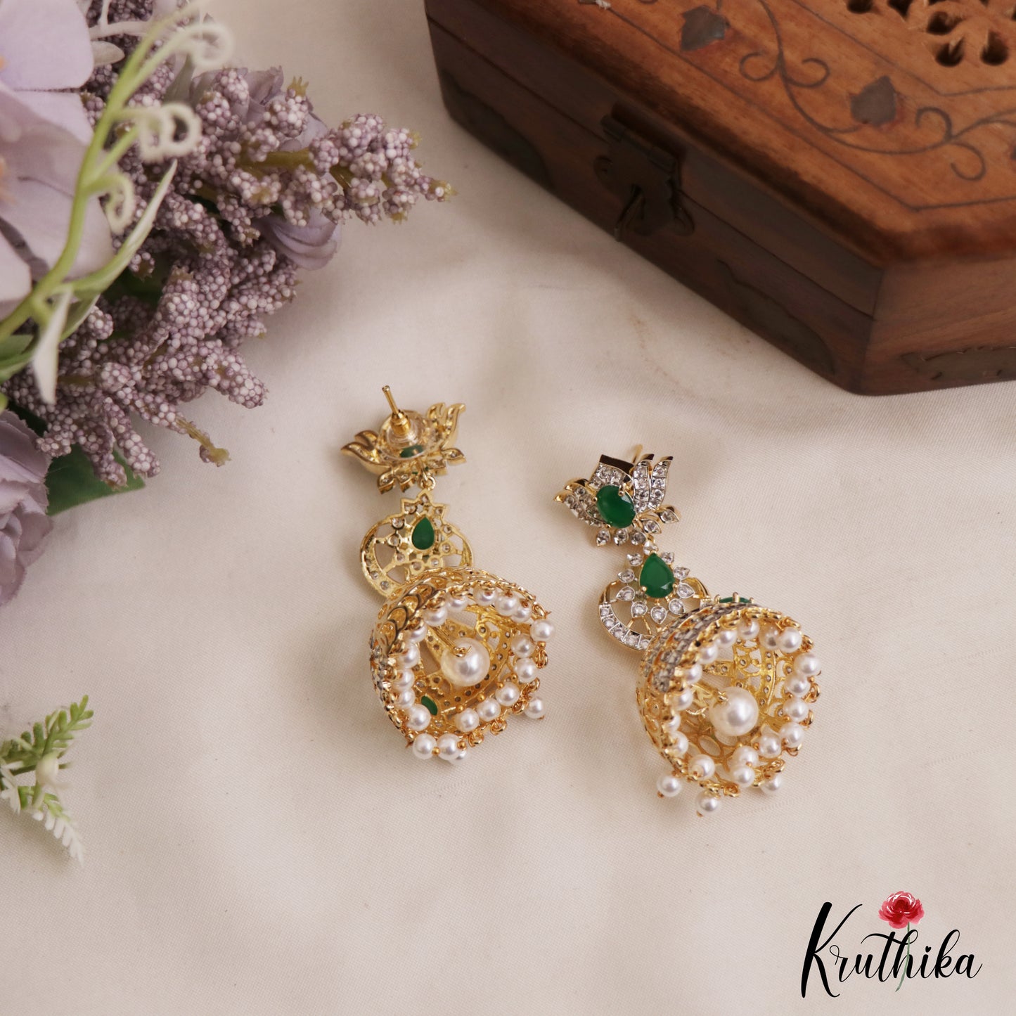 Sparkling Lotus Motifs AD Victorian Jhumkas WIth Pearl Drops  E1117