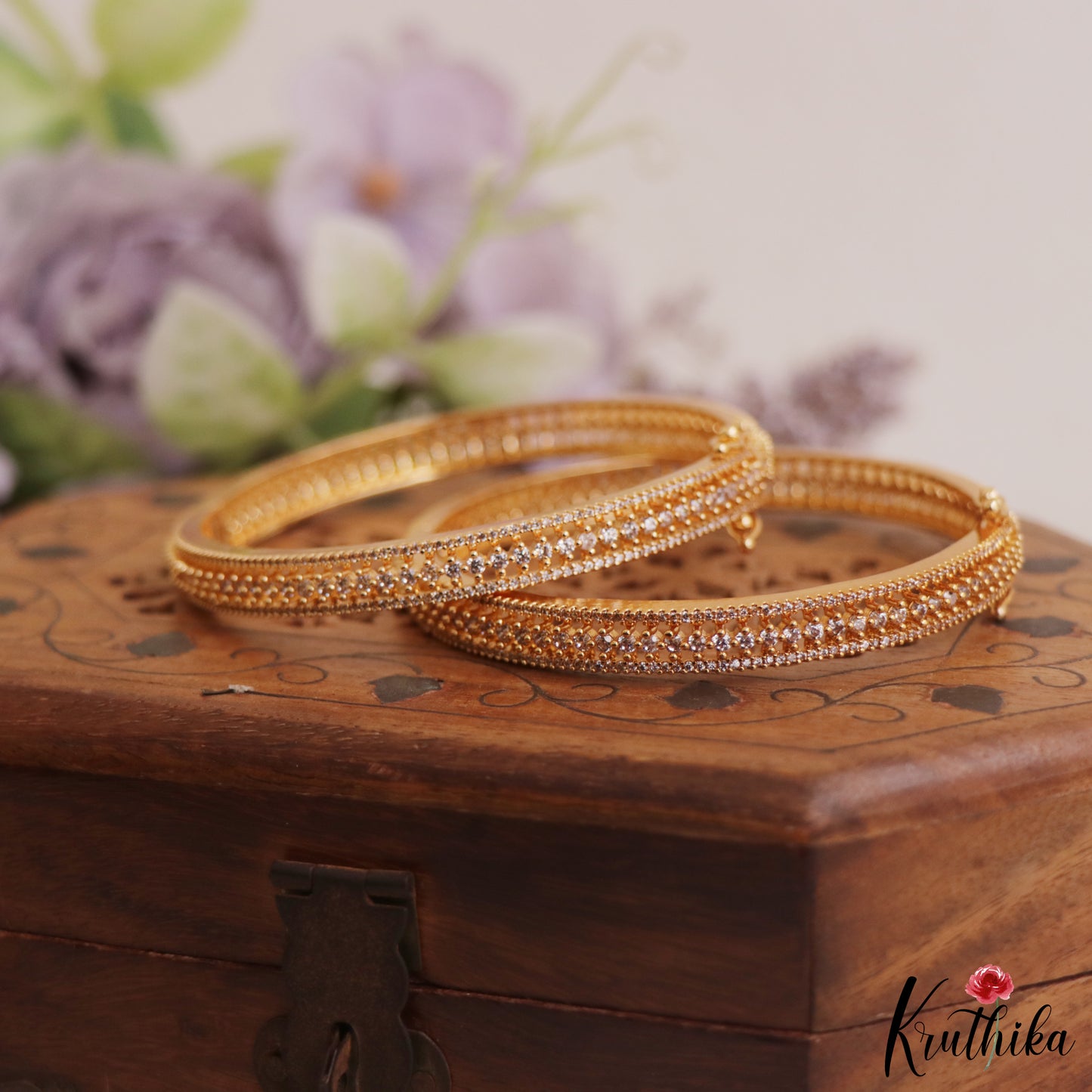 Elegant Diamond-Finish Gold-Tone AD Openable Bangles B530 (Set of 2)