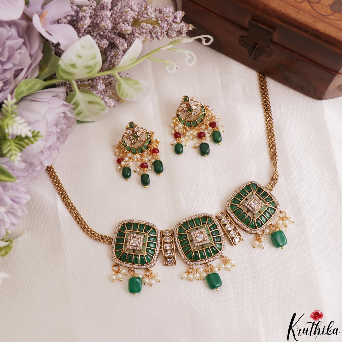 Premium Square Motifs Kemp Choker With Bead Drops NC3201 (Available In 2 Colors)