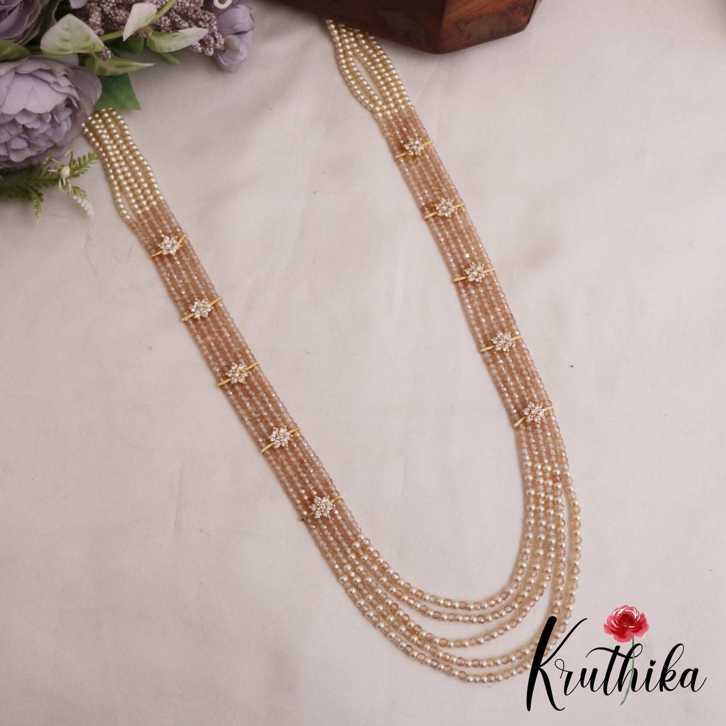 Sparkling Multi Layered crystal & Pearl statement Haaram with floral accents LH2081 (Available In 13 Colors)