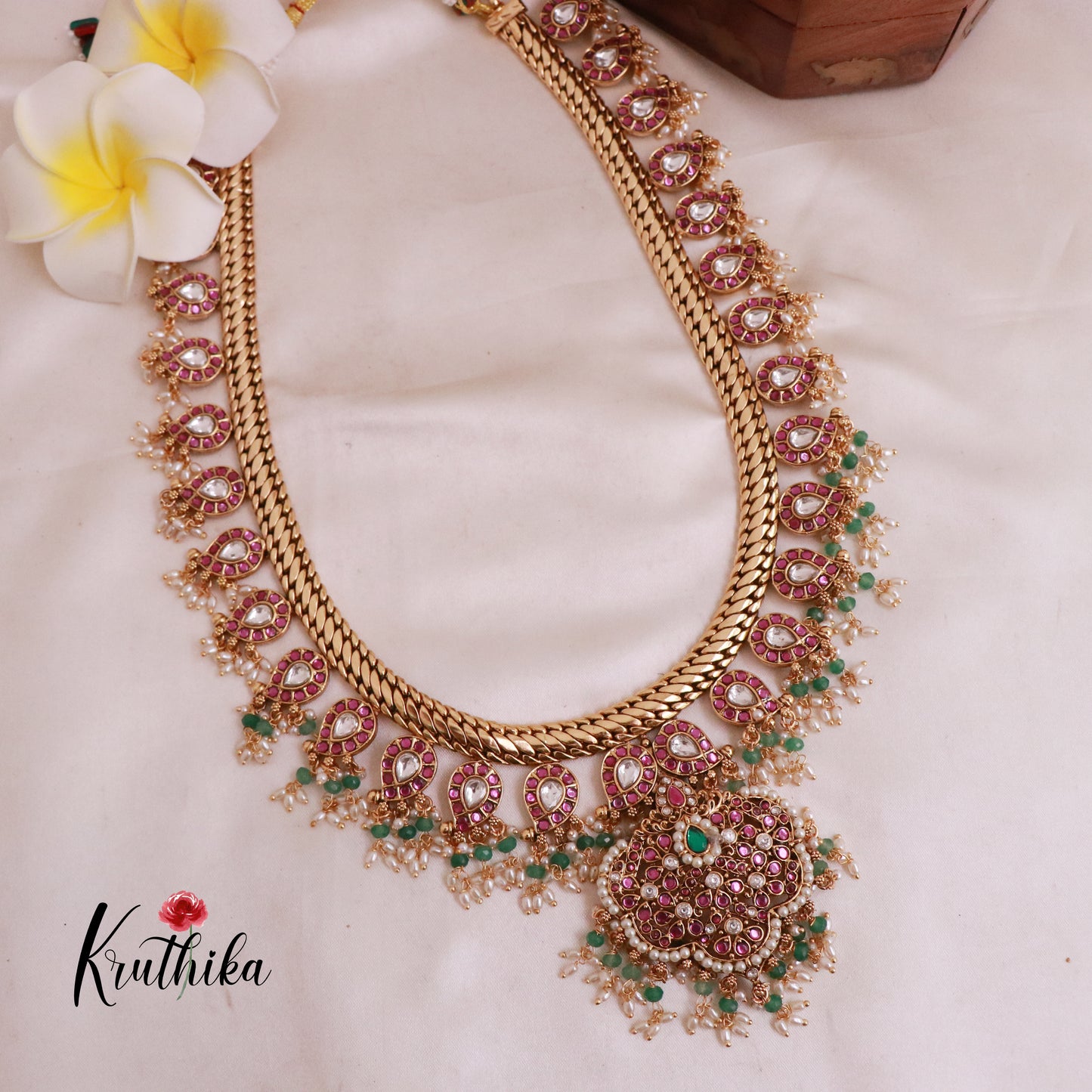 Royal Jadau Mango Jalebi style Haaram with pastel bead guttapoosalu LH812
