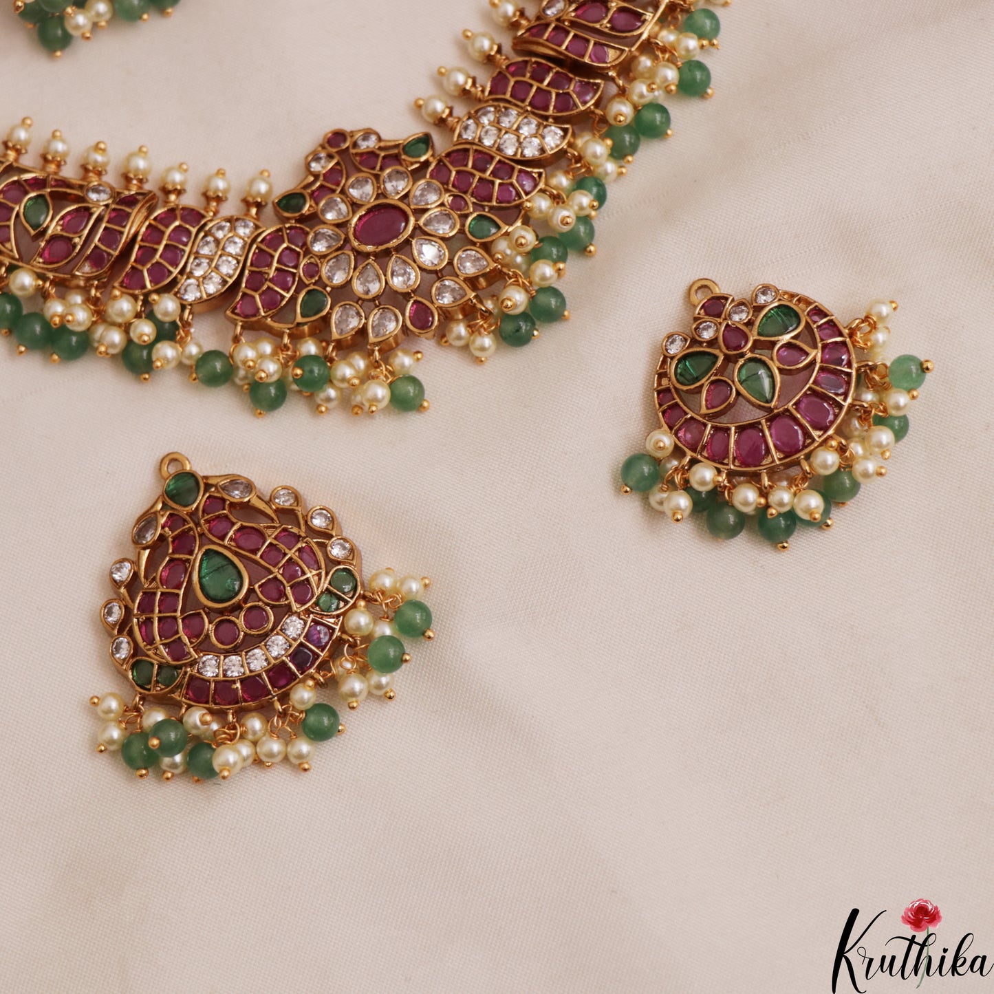 Premium Floral Peacock Motifs Kemp Necklace With Two Interchangeable Pendants NC3025
