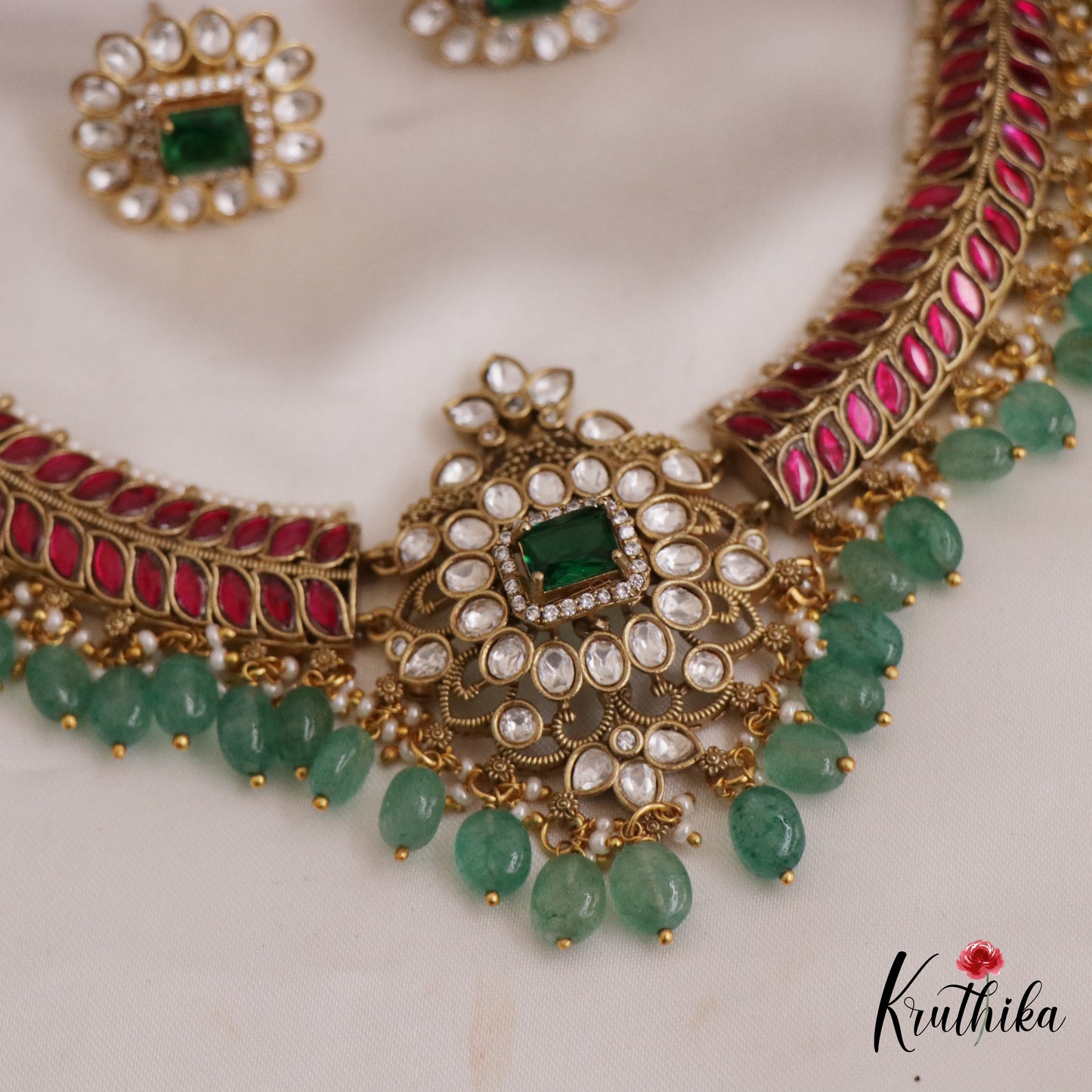 Gorgeous Floral Leaf Motifs Jadau Choker With Green Bead Drops NC2689 (Available In 2 Colors)