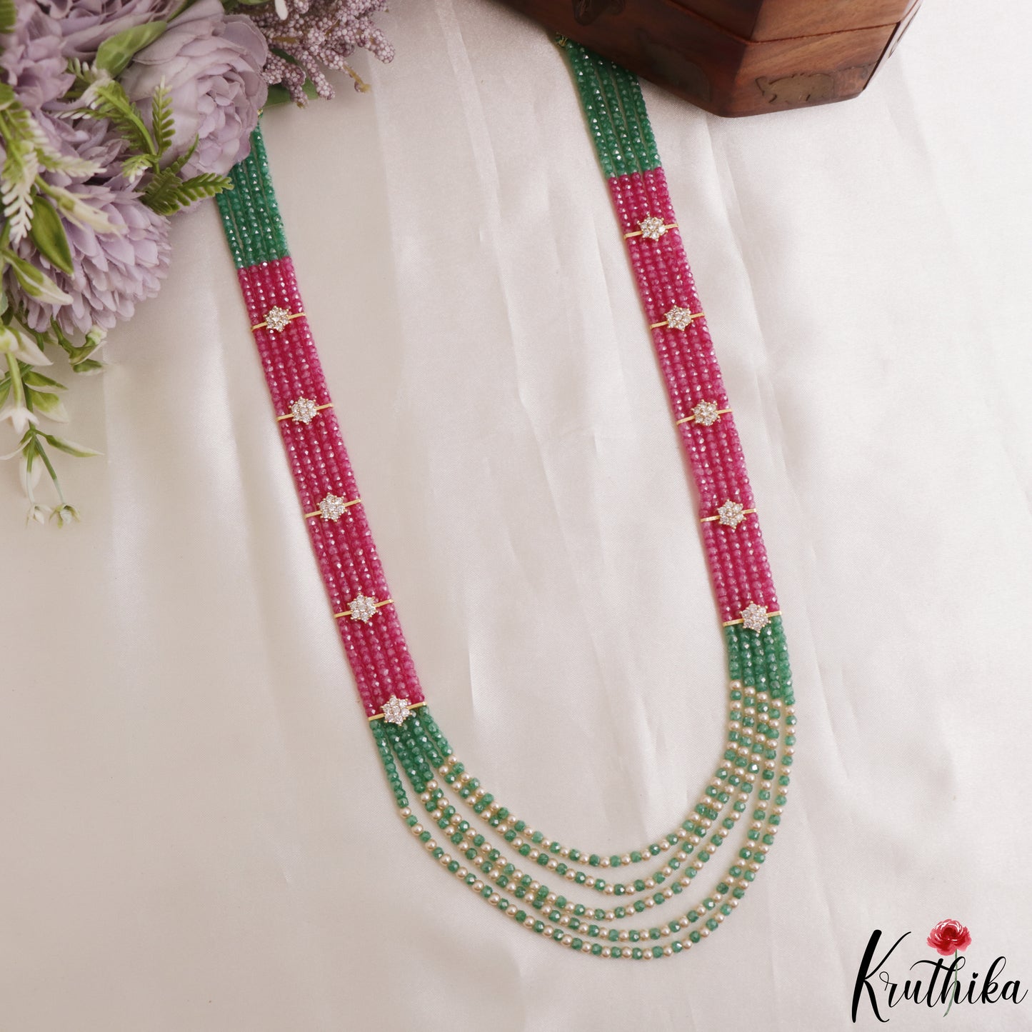 Sparkling Multi Layered crystal & Pearl statement Haaram with floral accents LH2081 (Available In 16 Colors)