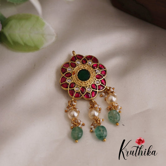 Elegant Floral Motifs Jadau Pendant With Pearl And Bead Drops PS254