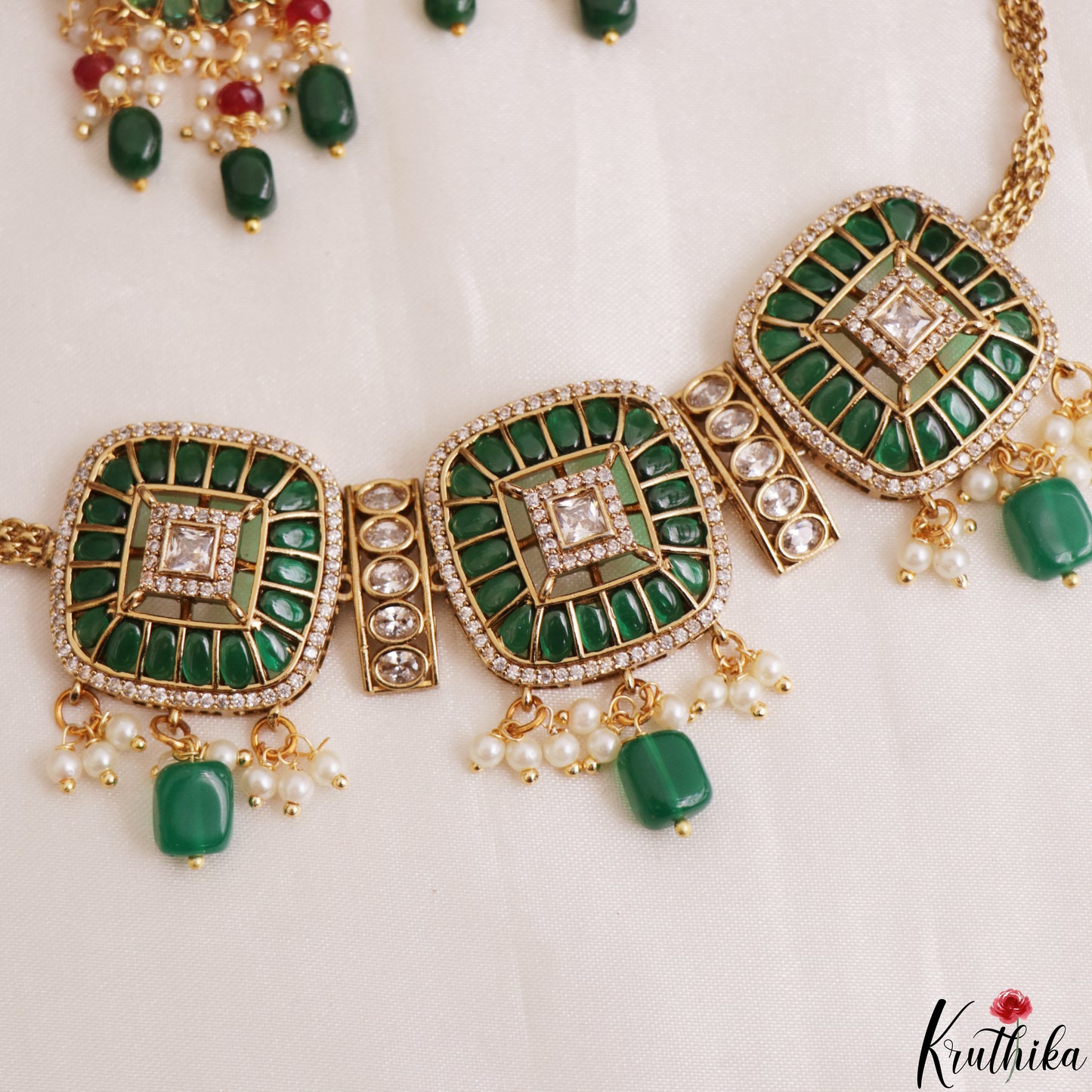 Premium Square Motifs Kemp Choker With Bead Drops NC3201 (Available In 2 Colors)