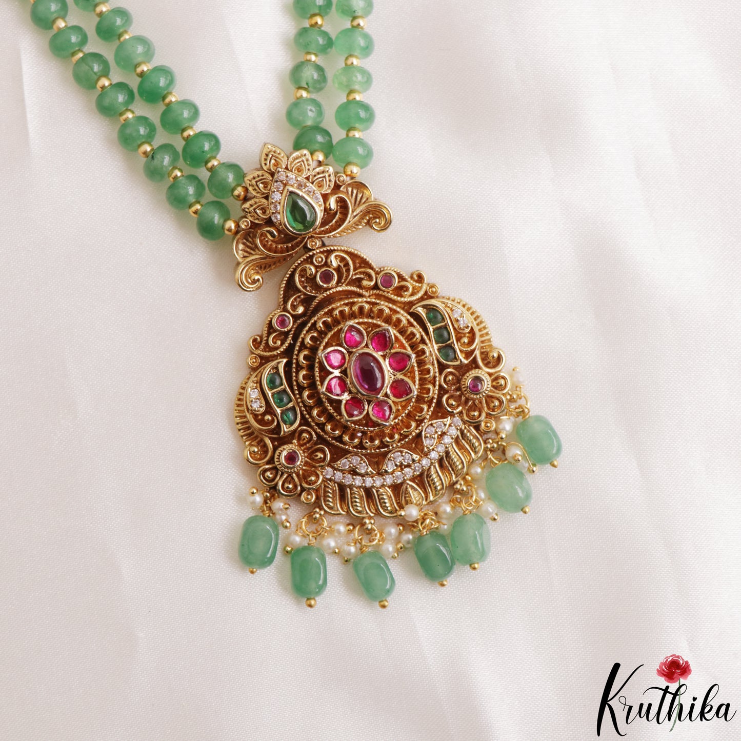 Pretty Antique Floral Motifs Double Layered Green Beads Jadau Haaram LH2158