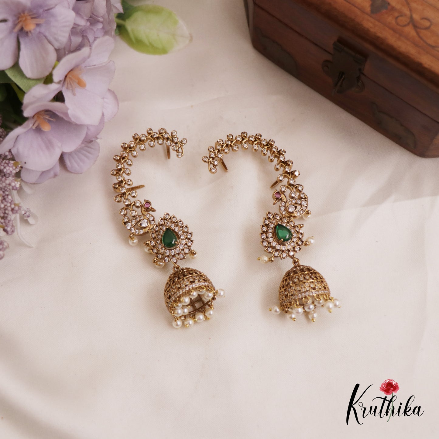 Gorgeous Peacock Teardrop Motifs AD Ear Cuff With Pearl Drops E977 (Available In 5 Colors)