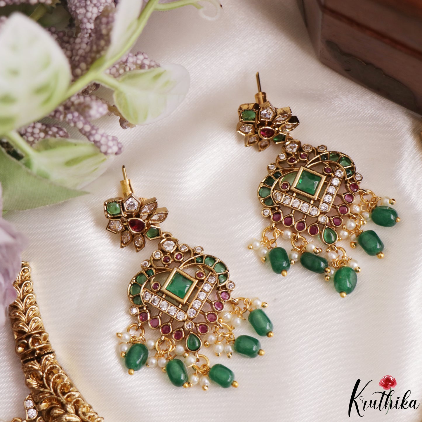 Premium Antique Peacock Motifs Jadau Necklace With Green Bead Drops NC3248
