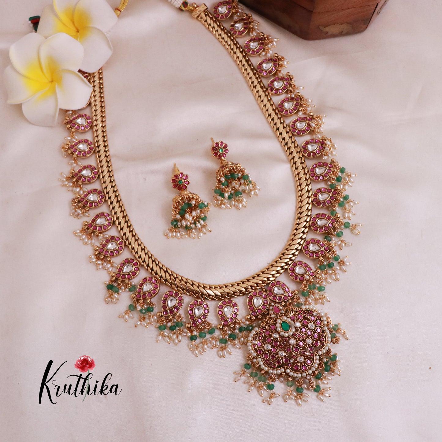 Royal Jadau Mango Jalebi style Haaram with pastel bead guttapoosalu LH812