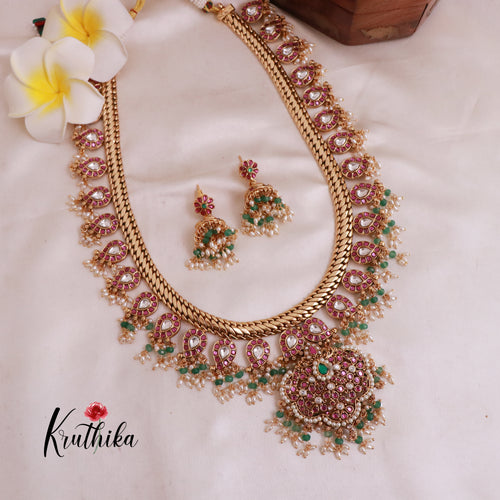 Royal Jadau Mango Jalebi style Haaram with pastel bead guttapoosalu LH812