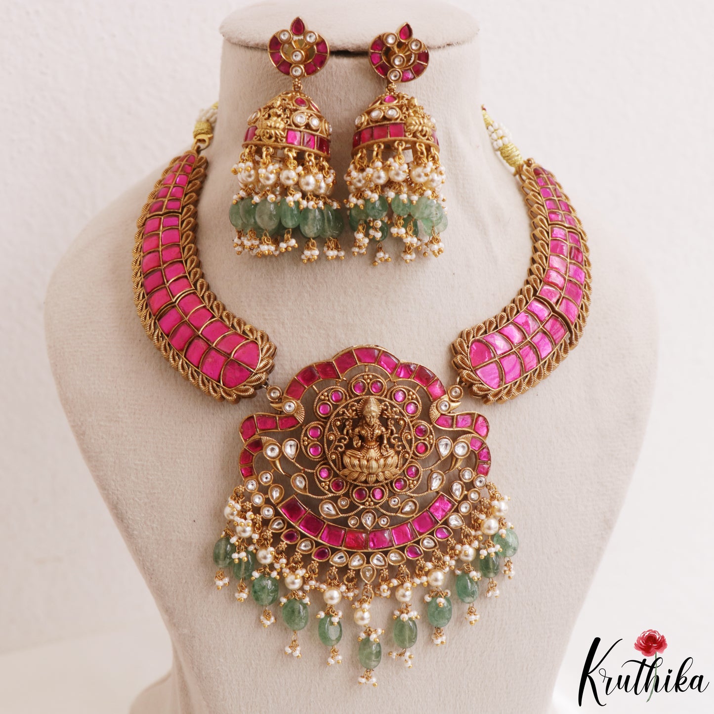 Royal Antique Nagas Lakshmi Motifs Jadau Necklace With Green Bead Drops NC3237