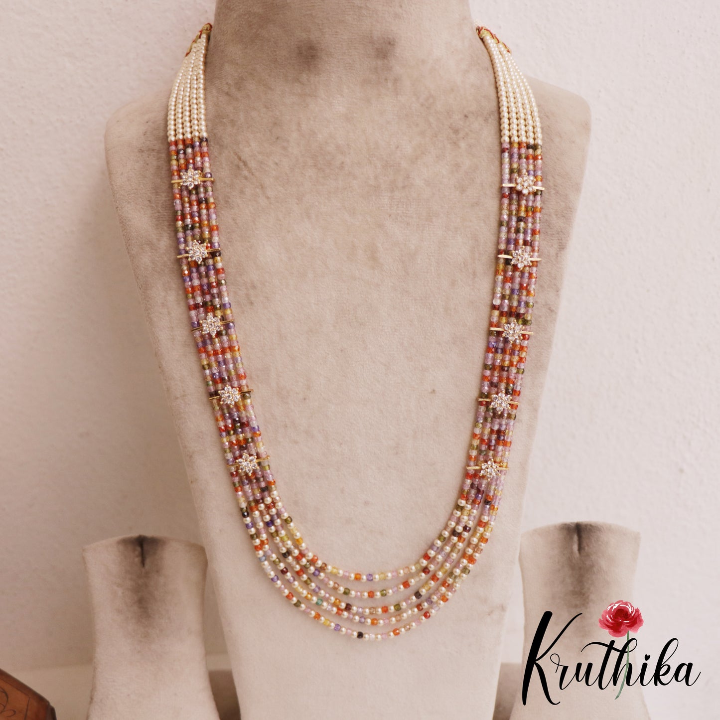 Sparkling Multi Layered crystal & Pearl statement Haaram with floral accents LH2081