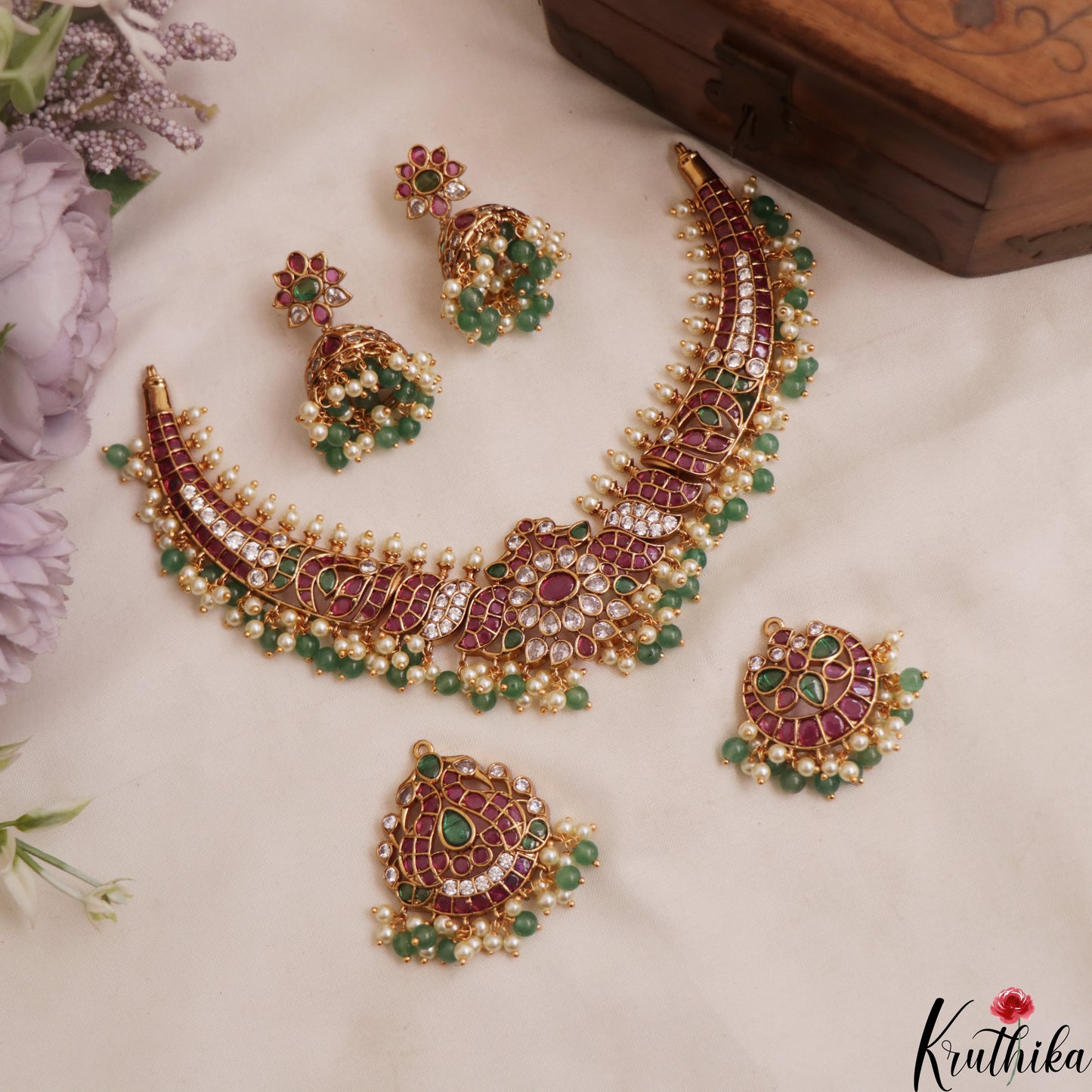 Premium Floral Peacock Motifs Kemp Necklace With Two Interchangeable Pendants NC3025