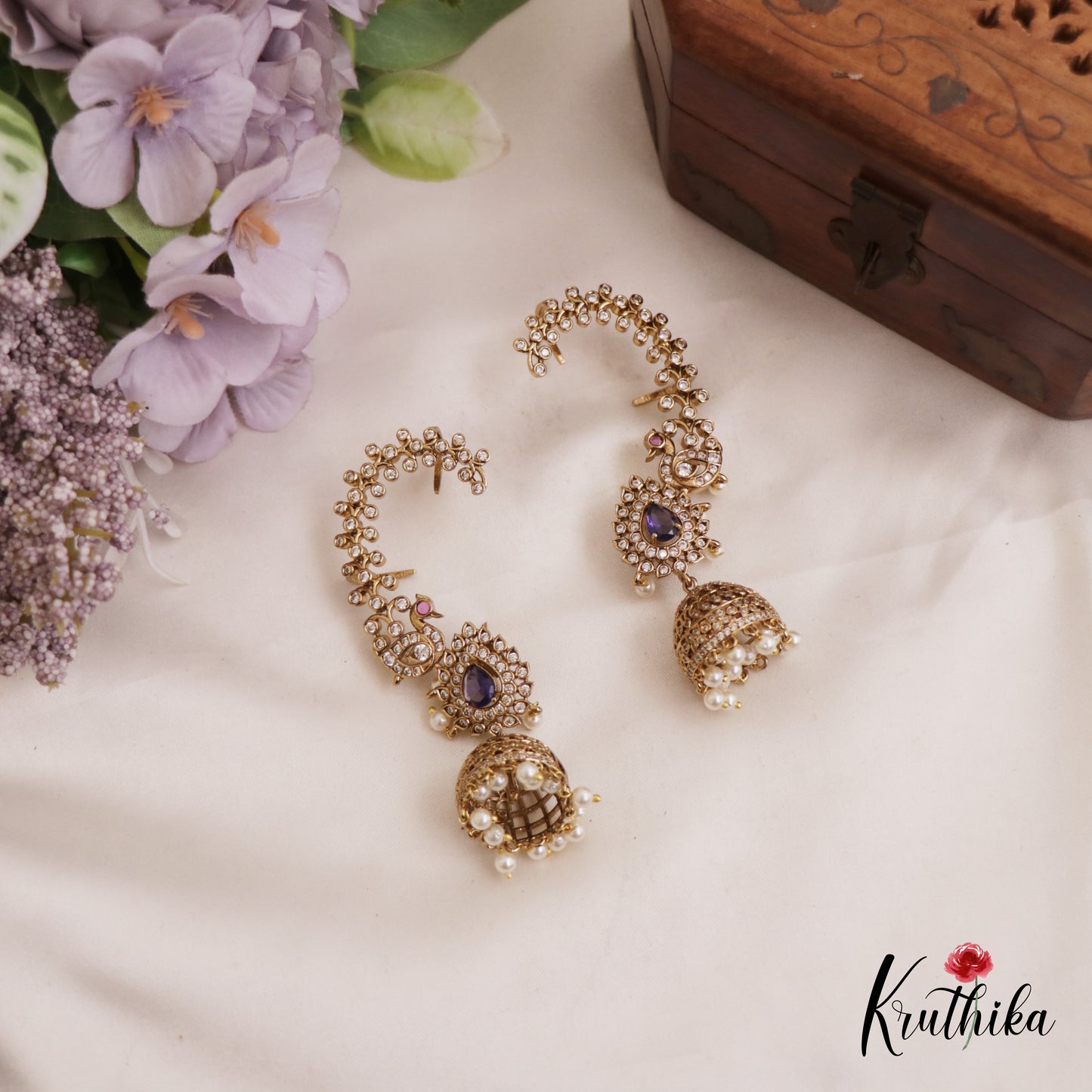 Gorgeous Peacock Teardrop Motifs AD Ear Cuff With Pearl Drops E977 (Available In 5 Colors)