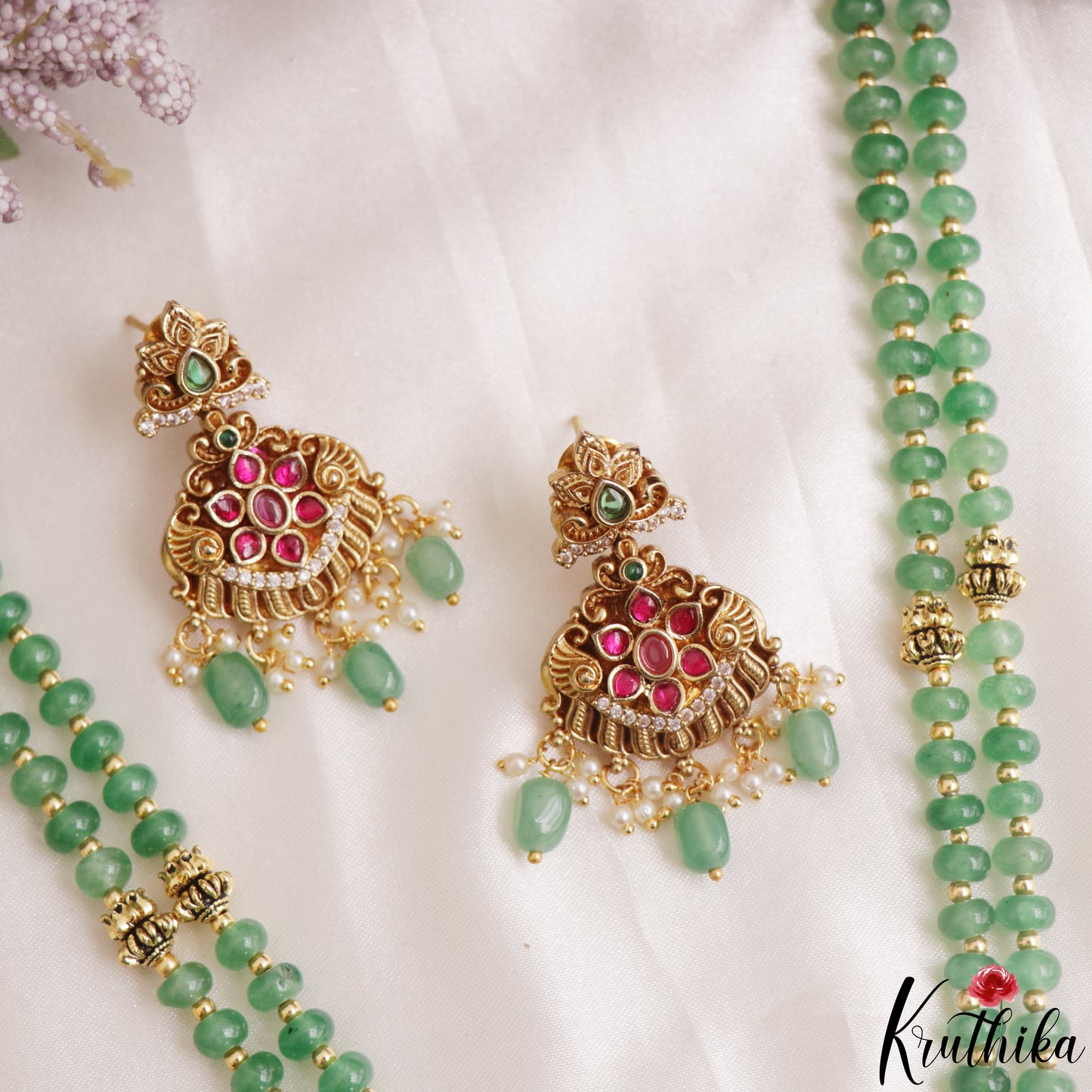 Pretty Antique Floral Motifs Double Layered Green Beads Jadau Haaram LH2158